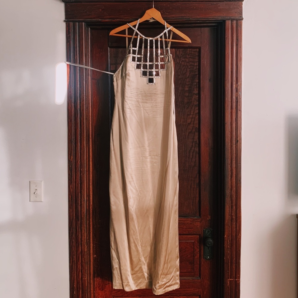 Hugo Buscati nude gown with crystal geometric neckline. Size 14.